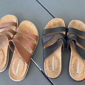 2 Pair - Merrell Cork Footbed Slide Sandals in Tan and Black